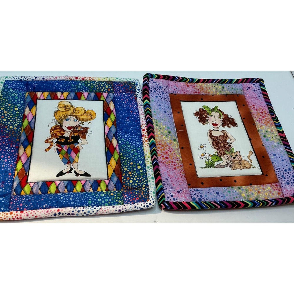 Quilted Pot Holders Set of 2 Whimsical Cat Lady Art Multi Color 8.5x10